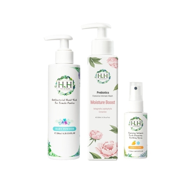 HH私密益生元潔淨露200ml(復活草滋潤)+舒緩噴霧50ml(柑橘涼感)+衣物手洗精200ml(寶貝粉香)