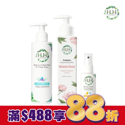 HH HH私密益生元潔淨露200ml(復活草滋潤)+舒緩噴霧50ml(柑橘涼感)+衣物手洗精200ml(寶貝粉香)