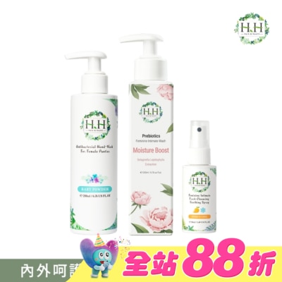 HH - HH私密益生元潔淨露200ml(復活草滋潤)+舒緩噴霧50ml(柑橘涼感)+衣物手洗精200ml(寶貝粉香)