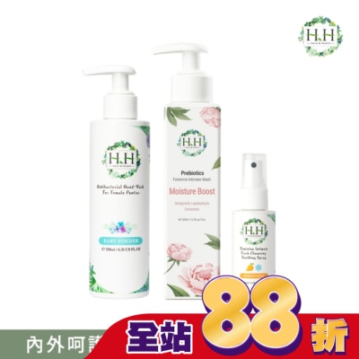 HH - HH私密益生元潔淨露200ml(復活草滋潤)+舒緩噴霧50ml(柑橘涼感)+衣物手洗精200ml(寶貝粉香)