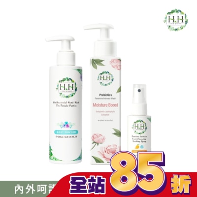 HH HH私密益生元潔淨露200ml(復活草滋潤)+舒緩噴霧50ml(柑橘涼感)+衣物手洗精200ml(寶貝粉香)