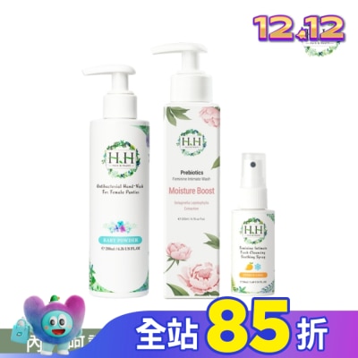 HH HH私密益生元潔淨露200ml(復活草滋潤)+舒緩噴霧50ml(柑橘涼感)+衣物手洗精200ml(寶貝粉香)
