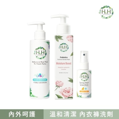 HH HH私密益生元潔淨露200ml(復活草滋潤)+舒緩噴霧50ml(柑橘涼感)+衣物手洗精200ml(寶貝粉香)