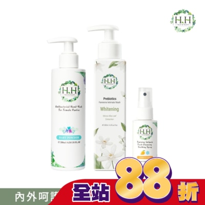 HH HH私密益生元潔淨露200ml(桑白葉嫩白)+舒緩噴霧50ml(柑橘涼感)+衣物手洗精200ml(寶貝粉香)