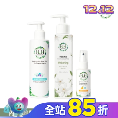 HH HH私密益生元潔淨露200ml(桑白葉嫩白)+舒緩噴霧50ml(柑橘涼感)+衣物手洗精200ml(寶貝粉香)