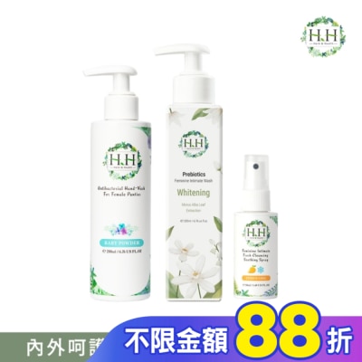 HH HH私密益生元潔淨露200ml(桑白葉嫩白)+舒緩噴霧50ml(柑橘涼感)+衣物手洗精200ml(寶貝粉香)