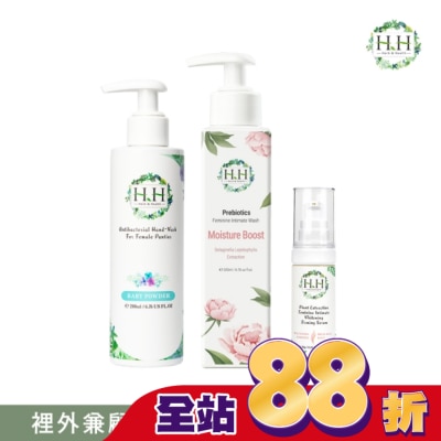 HH HH私密益生元潔淨露200ml(復活草滋潤)+美白緊緻凝露30g(柑橘)+衣物手洗精200ml(寶貝粉香)