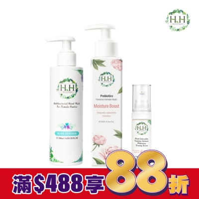 HH HH私密益生元潔淨露200ml(復活草滋潤)+美白緊緻凝露30g(柑橘)+衣物手洗精200ml(寶貝粉香)