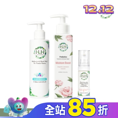 HH HH私密益生元潔淨露200ml(復活草滋潤)+美白緊緻凝露30g(柑橘)+衣物手洗精200ml(寶貝粉香)