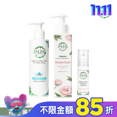 HH HH私密益生元潔淨露200ml(復活草滋潤)+美白緊緻凝露30g(柑橘)+衣物手洗精200ml(寶貝粉香)