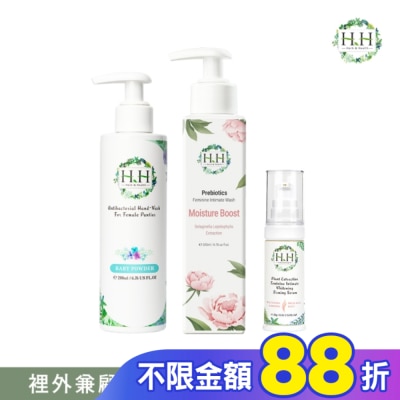 HH HH私密益生元潔淨露200ml(復活草滋潤)+美白緊緻凝露30g(柑橘)+衣物手洗精200ml(寶貝粉香)