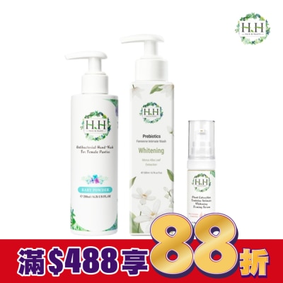 HH HH私密益生元潔淨露200ml(桑白葉嫩白)+美白緊緻凝露30g(柑橘)+衣物手洗精200ml(寶貝粉香)