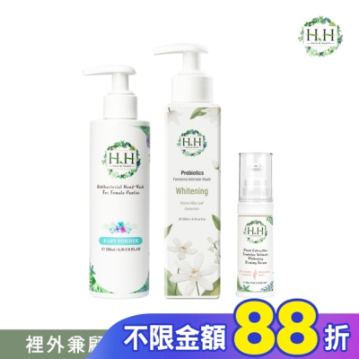 HH HH私密益生元潔淨露200ml(桑白葉嫩白)+美白緊緻凝露30g(柑橘)+衣物手洗精200ml(寶貝粉香)