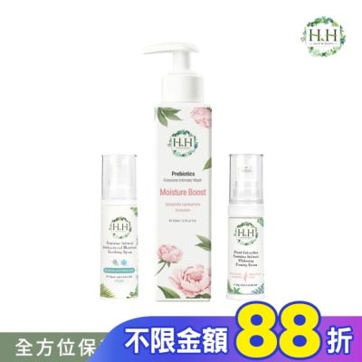 HH HH私密益生元潔淨露200ml(復活草滋潤)+美白緊緻凝露30g(柑橘)+舒緩噴霧PLUS 30ml(樹影微風)
