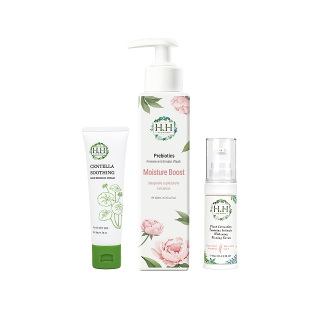HH私密益生元潔淨露200ml(復活草滋潤)+美白緊緻凝露30g(柑橘)+積雪草淨森零毛霜50g
