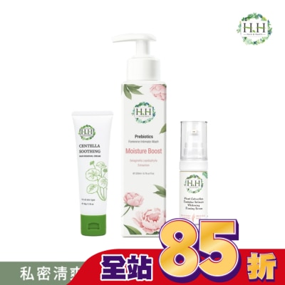 HH HH私密益生元潔淨露200ml(復活草滋潤)+美白緊緻凝露30g(柑橘)+積雪草淨森零毛霜50g