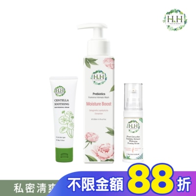 HH HH私密益生元潔淨露200ml(復活草滋潤)+美白緊緻凝露30g(柑橘)+積雪草淨森零毛霜50g