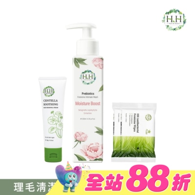 HH - HH私密益生元潔淨露200ml(復活草滋潤)+積雪草淨森零毛霜50g+私密濕式衛生紙10抽(蘆薈x2)