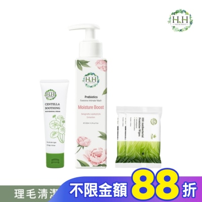 HH HH私密益生元潔淨露200ml(復活草滋潤)+積雪草淨森零毛霜50g+私密濕式衛生紙10抽(蘆薈x2)