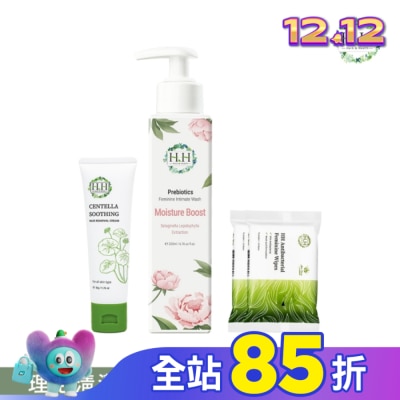 HH HH私密益生元潔淨露200ml(復活草滋潤)+積雪草淨森零毛霜50g+私密濕式衛生紙10抽(蘆薈x2)