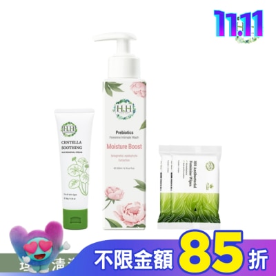 HH HH私密益生元潔淨露200ml(復活草滋潤)+積雪草淨森零毛霜50g+私密濕式衛生紙10抽(蘆薈x2)