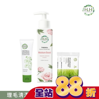 HH HH私密益生元潔淨露200ml(復活草滋潤)+積雪草淨森零毛霜50g+私密濕式衛生紙10抽(蘆薈x2)