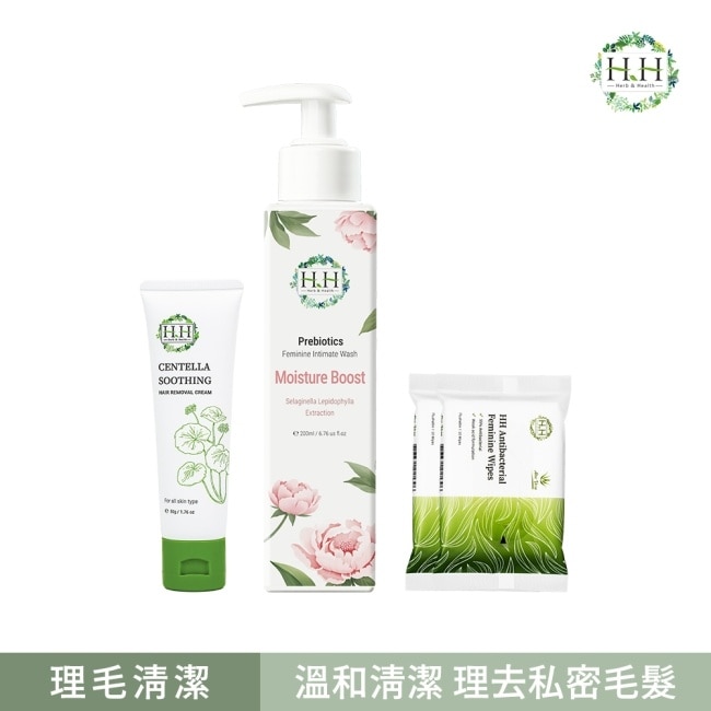 HH私密益生元潔淨露200ml(復活草滋潤)+積雪草淨森零毛霜50g+私密濕式衛生紙10抽(蘆薈x2) image