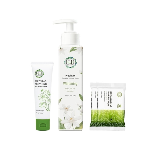HH私密益生元潔淨露200ml(桑白葉嫩白)+積雪草淨森零毛霜50g+私密濕式衛生紙10抽(蘆薈x2)
