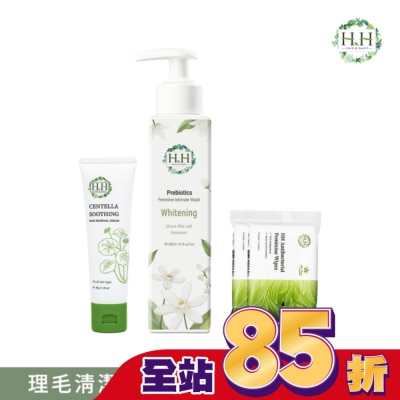 HH HH私密益生元潔淨露200ml(桑白葉嫩白)+積雪草淨森零毛霜50g+私密濕式衛生紙10抽(蘆薈x2)