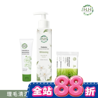 HH - HH私密益生元潔淨露200ml(桑白葉嫩白)+積雪草淨森零毛霜50g+私密濕式衛生紙10抽(蘆薈x2) image