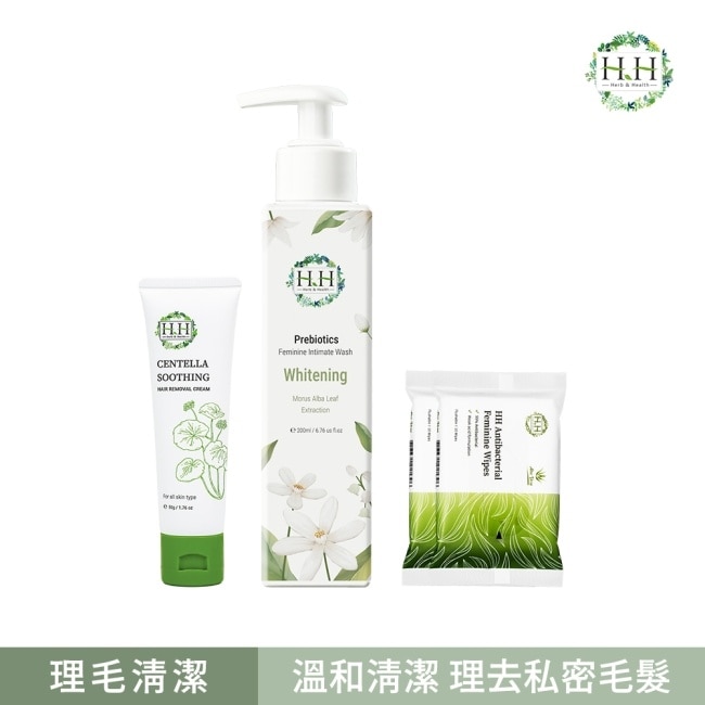 HH私密益生元潔淨露200ml(桑白葉嫩白)+積雪草淨森零毛霜50g+私密濕式衛生紙10抽(蘆薈x2)