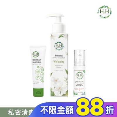 HH HH私密益生元潔淨露200ml(桑白葉嫩白)+美白緊緻凝露30g(柑橘)+積雪草淨森零毛霜50g