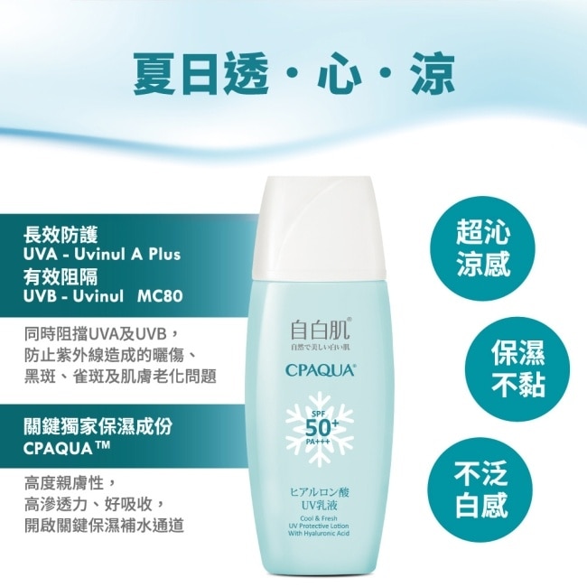 自白肌 玻尿酸涼感防曬乳液SPF50+ PA+++ 35ml