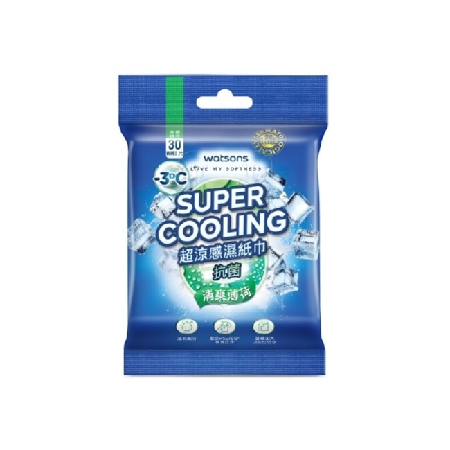 屈臣氏超涼感抗菌濕巾30片-清爽薄荷(身體用)