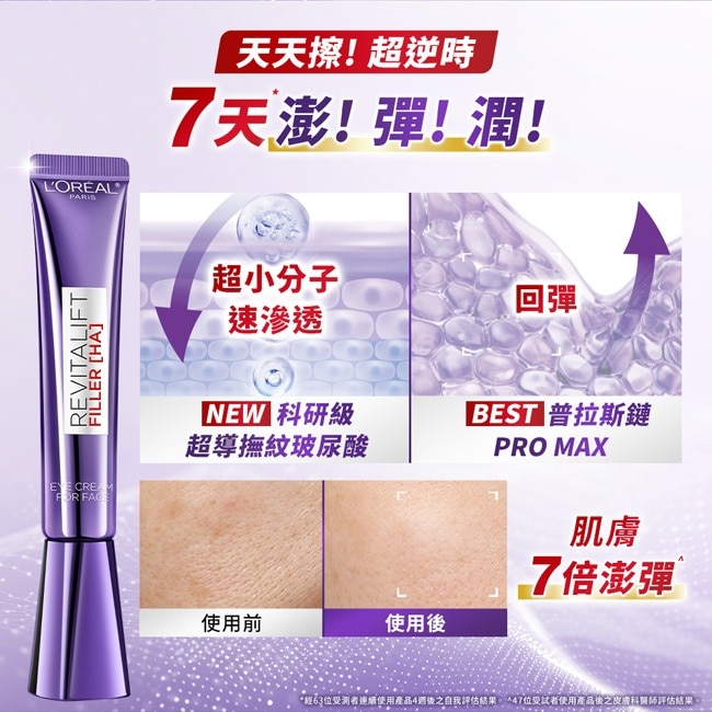巴黎萊雅玻尿酸眼霜級撫紋精華霜3.0 30ml #紫熨斗MAX #一熨狠淡10大紋(此商品無附按摩頭) image