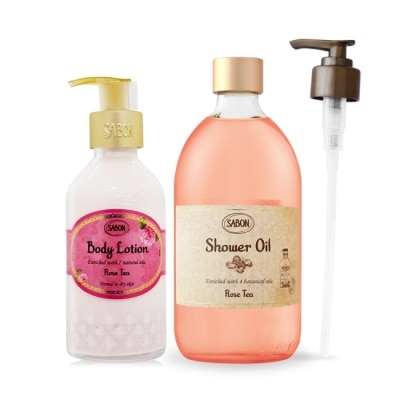 SABON SABON 玫瑰茶語沐浴油(500ml)+身體乳液(200ml)-附壓頭-國際航空版