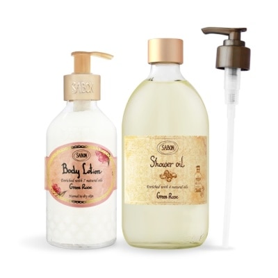 SABON SABON 以色列綠玫瑰沐浴油(500ml)+身體乳液(200ml)-附壓頭-國際航空版