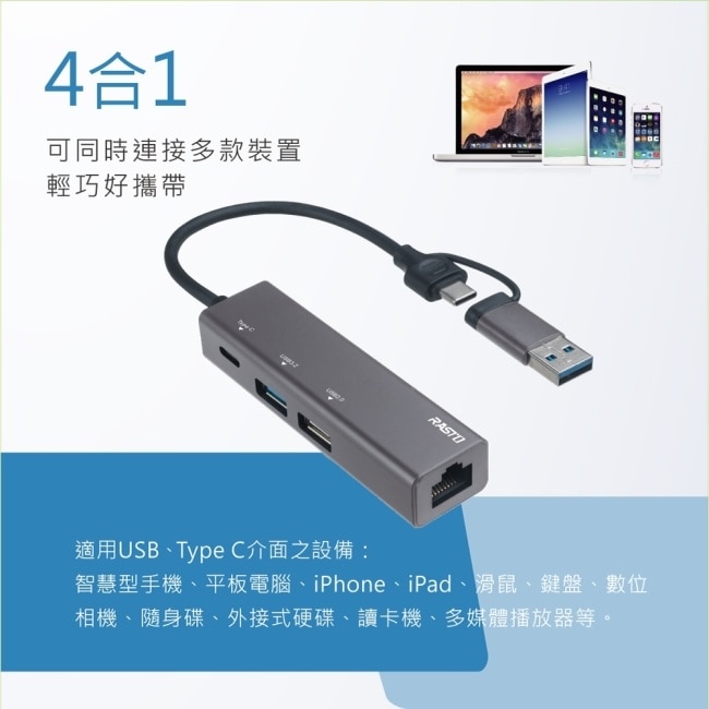 RASTO RH12 鋁製USB3.2+RJ45高速網卡集線器