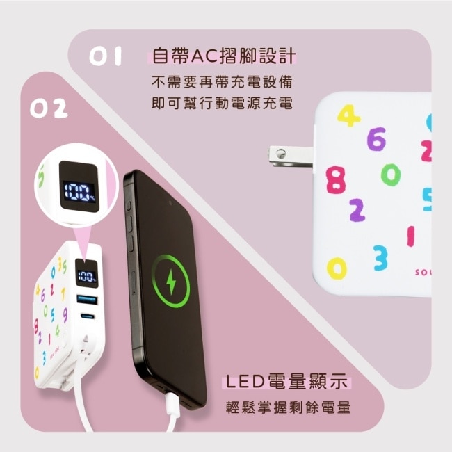 E-BOOKS SOUSOU十數昆台灣製造AC插座自帶線數顯快充行動電源22.2Wh