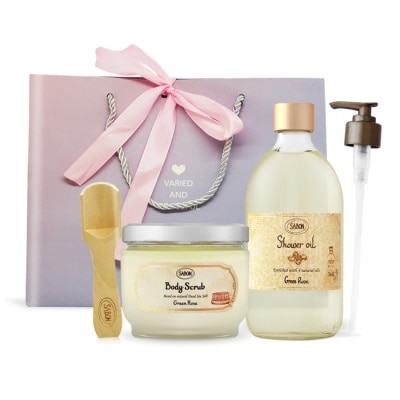 SABON SABON 以色列綠玫瑰明星二部曲香氛組-[沐浴油500ml+磨砂膏600g+壓頭+木勺+提袋]-國際航空版