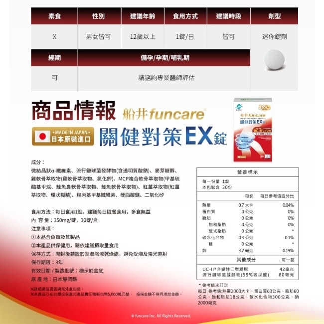 船井關健對策EX錠30錠 (日本進口、超越足量UC-II,張琴愛用健證)