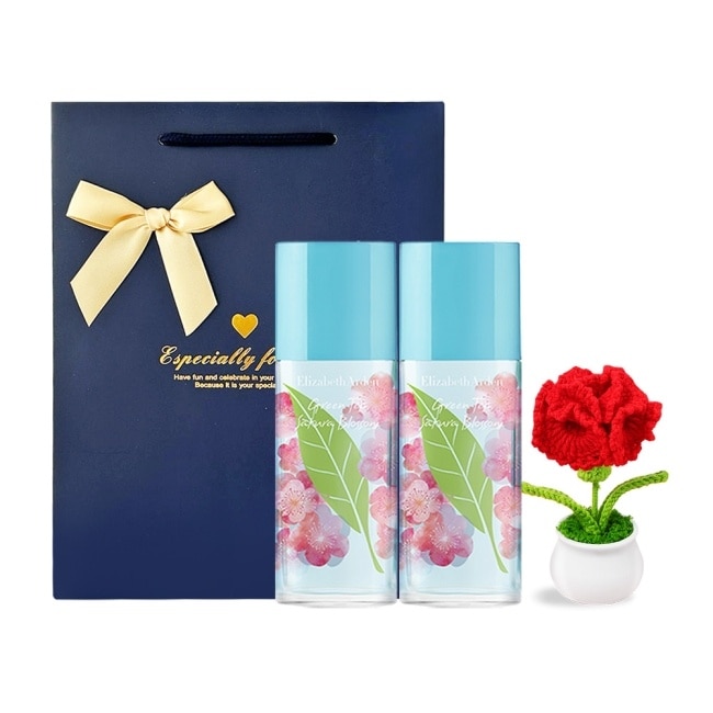 ARDEN 雅頓 綠茶粉嫩櫻花香水(100ml)X2附提袋+手作針織玫瑰-情人節獻禮-國際航空版