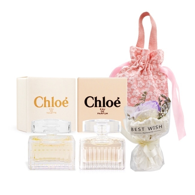 Chloe’ 情人節香氛花禮組[沁漾玫瑰女性淡香水(5ml)+同名女性淡香精(5ml)+小花束]附收納袋-國際航空版