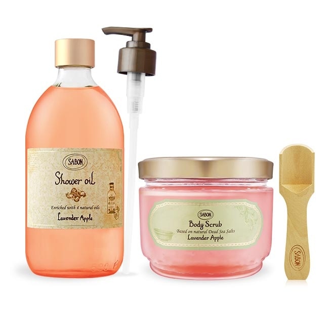 SABON 香蘋薰衣草明星二部曲[沐浴油500ml+身體磨砂膏600g]-國際航空版