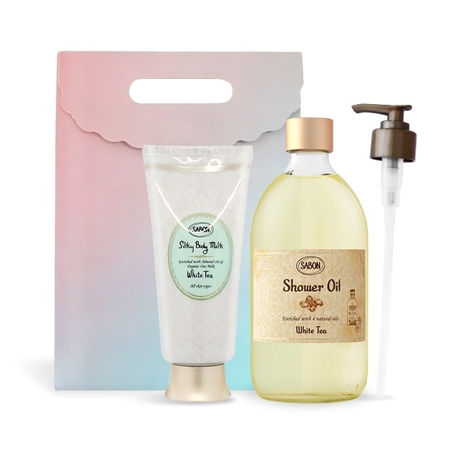 SABON 白茶絲綢Q彈肌必備組[沐浴油500ml+絲綢身體乳液200ml]-國際航空版