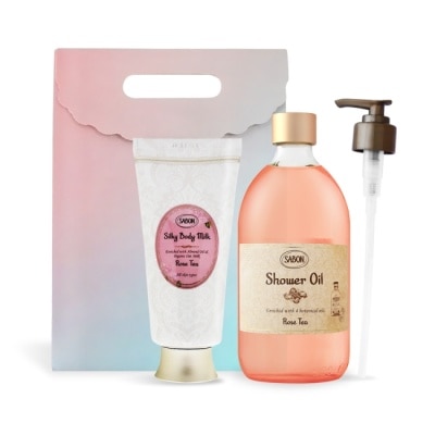 SABON SABON 玫瑰茶語絲綢Q彈肌必備組[沐浴油500ml+絲綢身體乳液200ml]-國際航空版