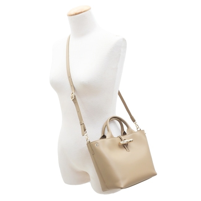 LONGCHAMP LE ROSEAU系列竹節滑面小牛皮兩用包(小/香草)10273-HGC-M05