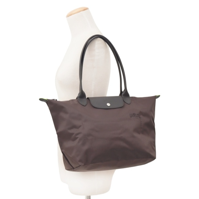 LONGCHAMP LE PLIAGE GREEN系列刺繡肩背水餃包(大/摩卡棕)1899-919-002
