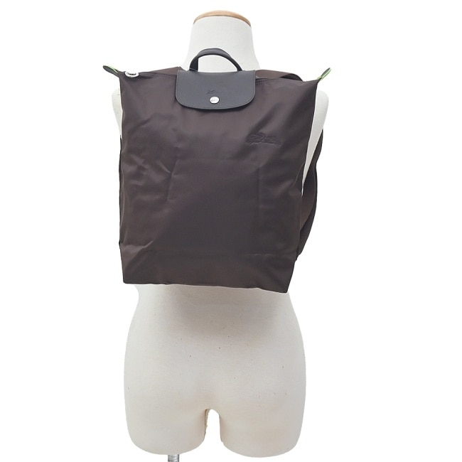 LONGCHAMP LE PLIAGE GREEN系列刺繡摺疊後背包(中/摩卡棕)10284-919-002