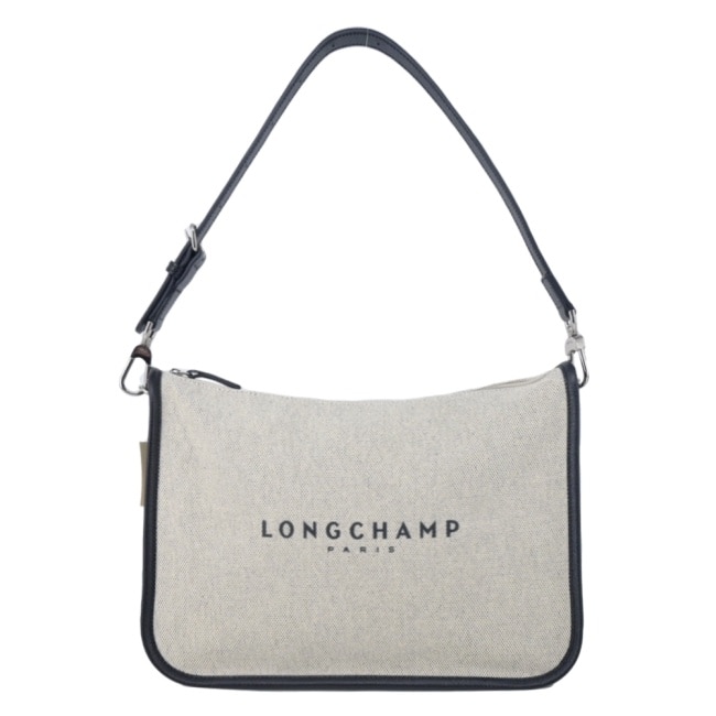 LONGCHAMP ESSENTIAL系列帆布LOGO字母肩背包(大/亞麻)10323-HSG-037